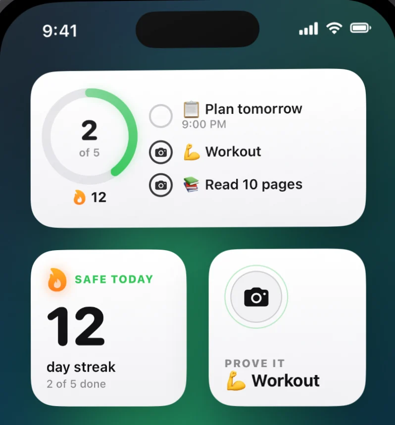 Home Screen widgets: today's progress, streak and a prove-it shortcut