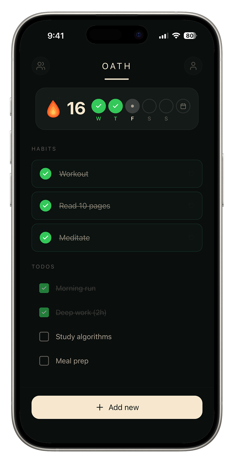 Oath habit tracker home screen
