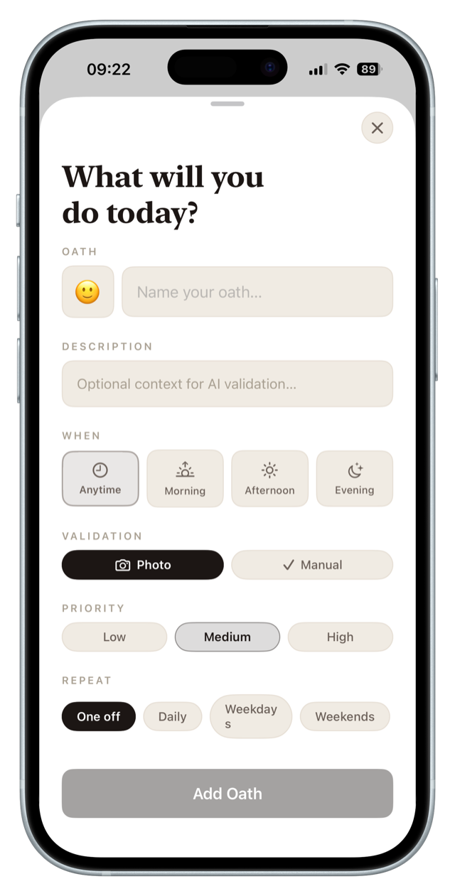 Make your oath — create habit screen with photo validation, time-of-day and repeat options