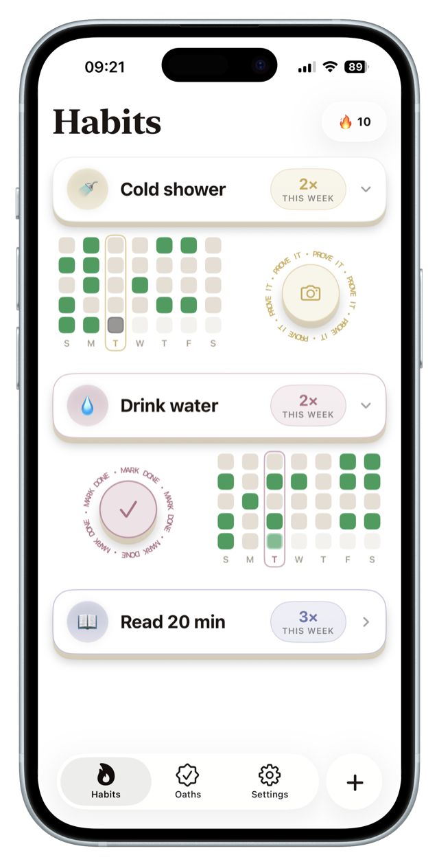 Oath habits screen with streak heatmaps and photo-proof button