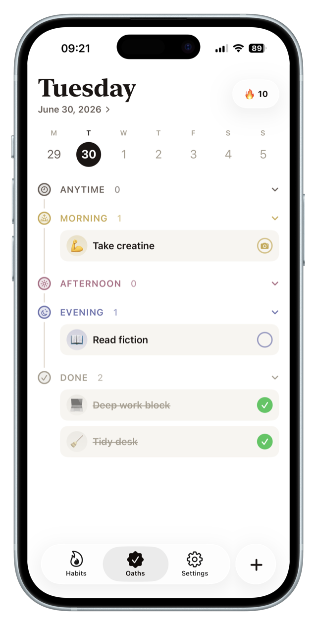 Oath daily planner with morning, afternoon and evening tasks